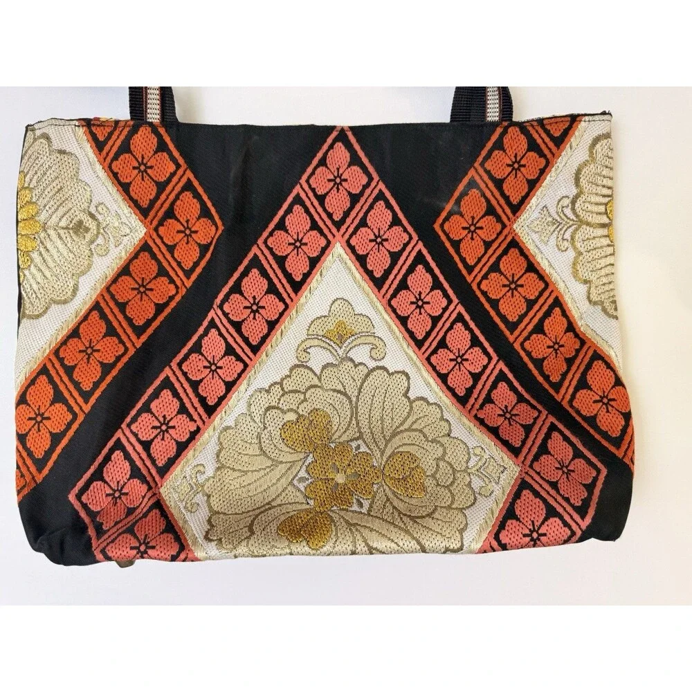Vintage Silk Tote Bag Purse Japan Black Gold Floral One of a Kind VTG